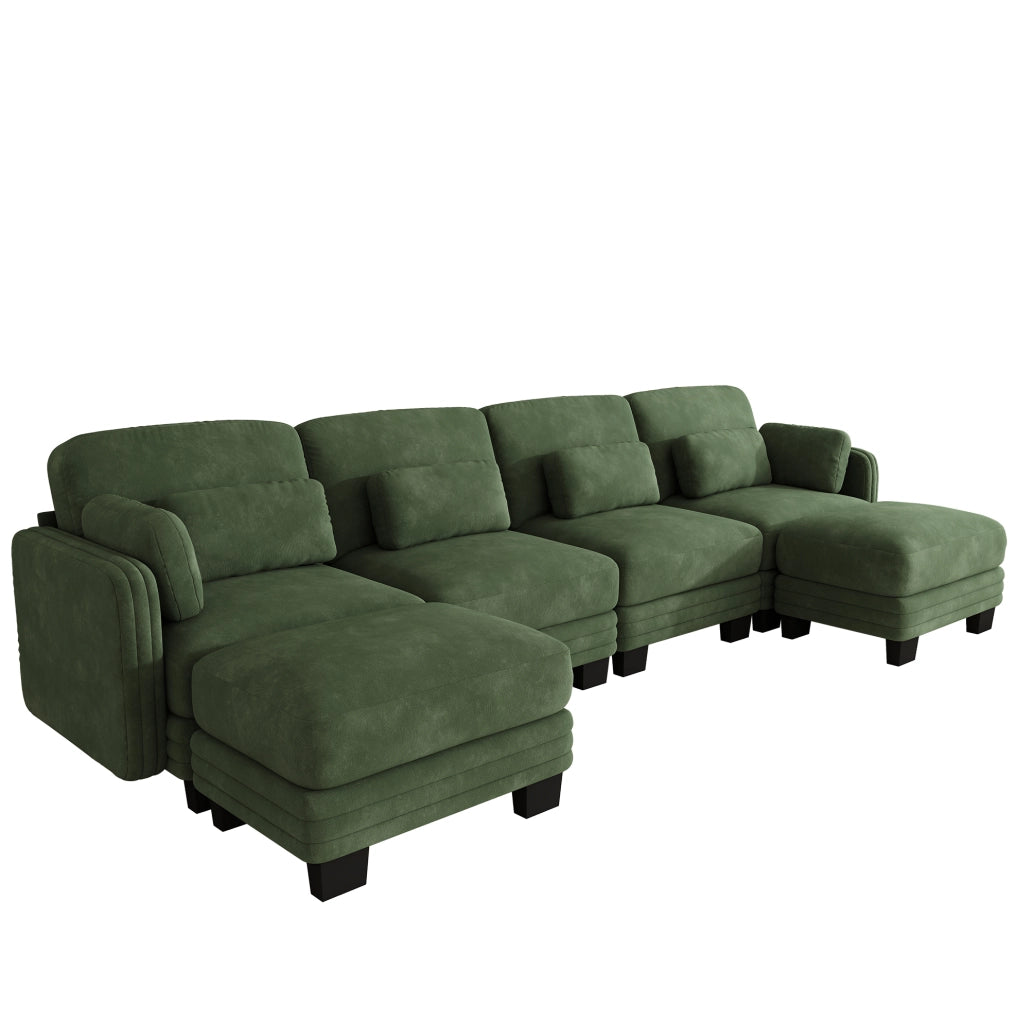 Divano modulare a U in chenille verde, 330x143x88 cm, con cuscini mobili e pouf