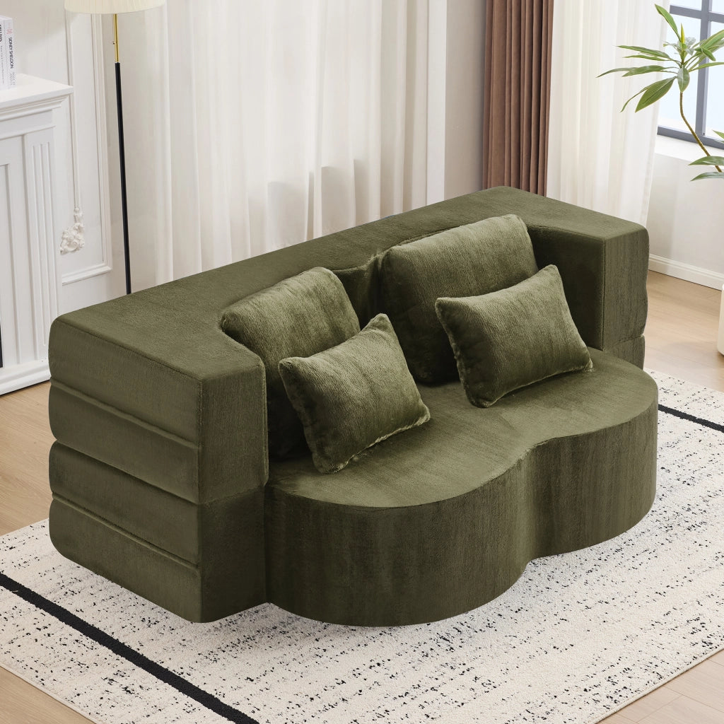 Divano letto pieghevole 2 in 1 con 4 cuscini, funzione materasso per ospiti in tessuto peluche verde