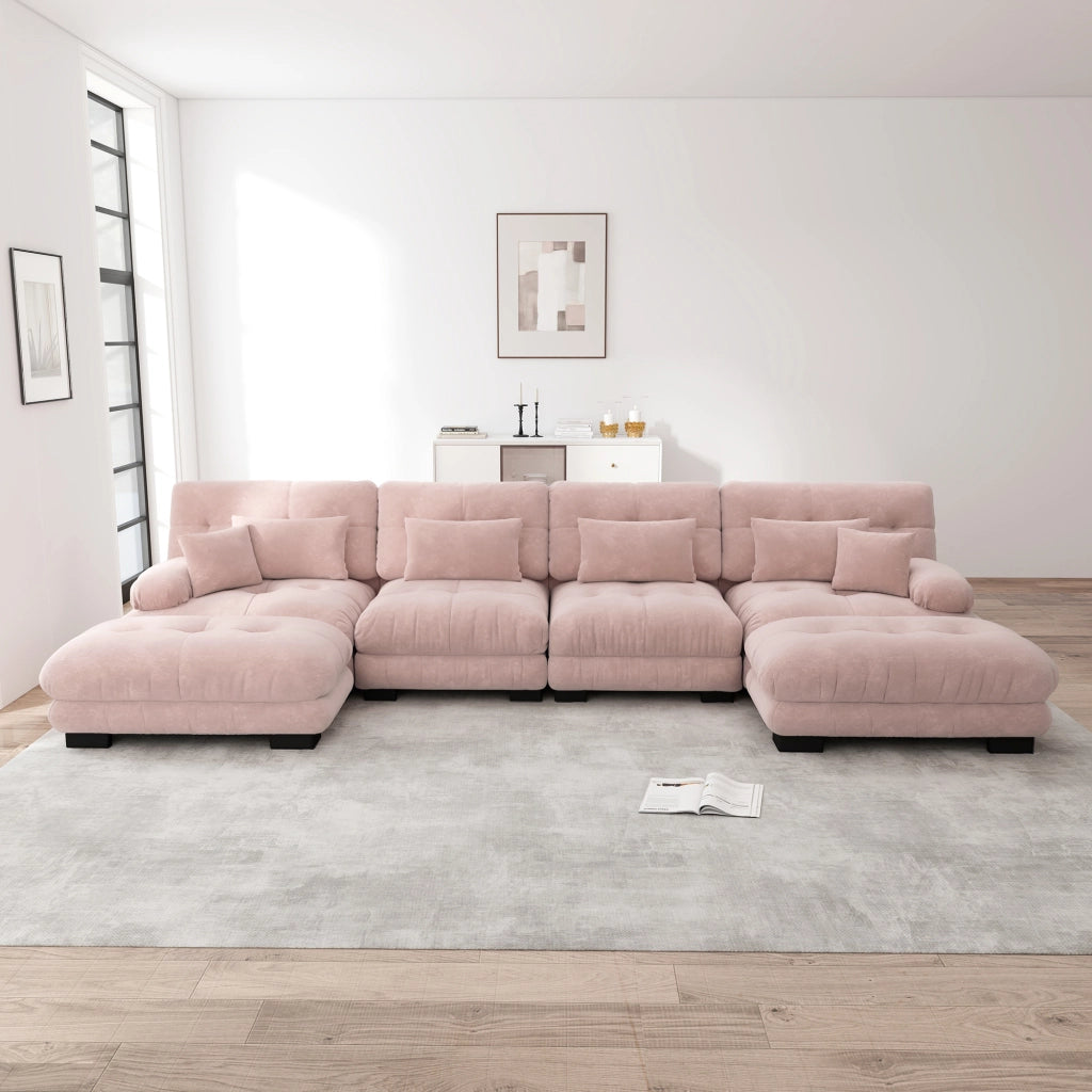Divano modulare a U 4 posti con ottomane mobili e cuscini di sostegno, in ciniglia rosa 406 × 145 × 81 cm