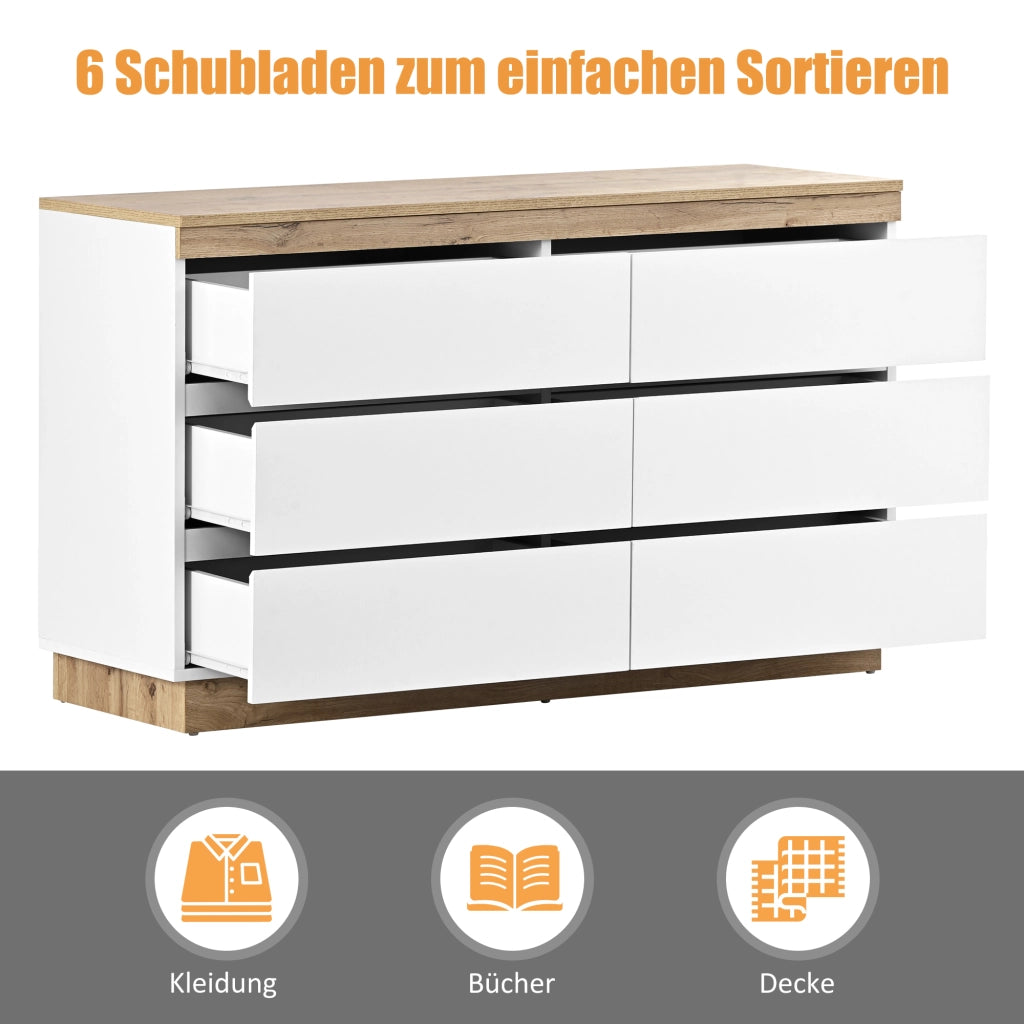 Cassettiera con 6 cassetti e vano chiuso, per camera da letto e soggiorno, bianco e rovere, 110 × 40 × 67.5 cm