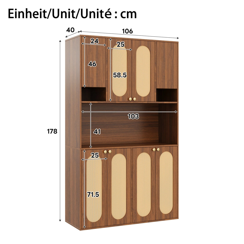 Credenza alta con 8 ante e vano bar aperto con LED regolabile in MDF naturale per sala da pranzo e soggiorno 106 × 40 × 178 cm