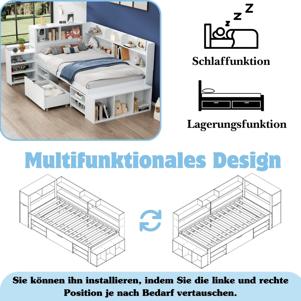 Letto con cassetti 90 × 200 cm con armadio e libreria in compensato bianco