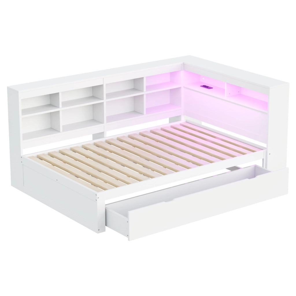 Letto contenitore matrimoniale 140×200 cm con USB; LED; ripiani e cassetti; senza materasso; legno; bianco