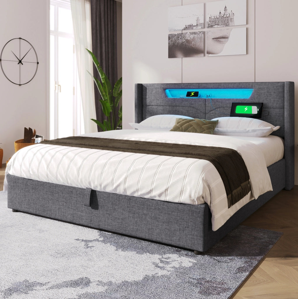 Letto imbottito con contenitore LED, ricarica USB e Tipo C 140 x 200 cm