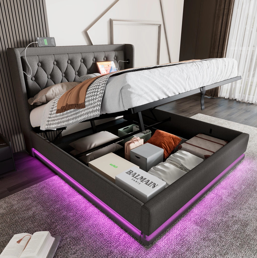 Letto matrimoniale imbottito 160x200 cm con contenitore, LED e ricarica USB-C