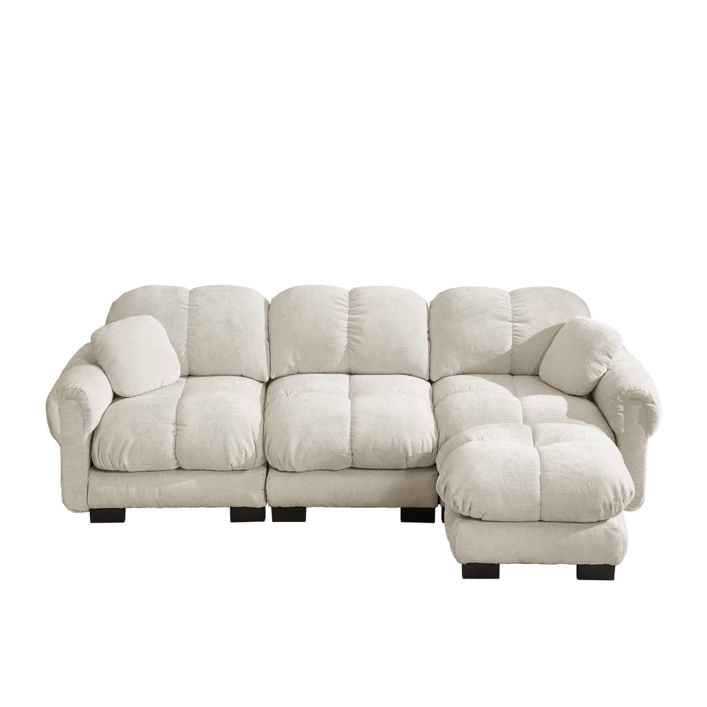Divano ad angolo a forma di L 3 sedili effetto nuvola 260x149x90 cm; divano con pouf mobile; cuscini 2; design trapuntato; cuscini spessi; kaki chiaro