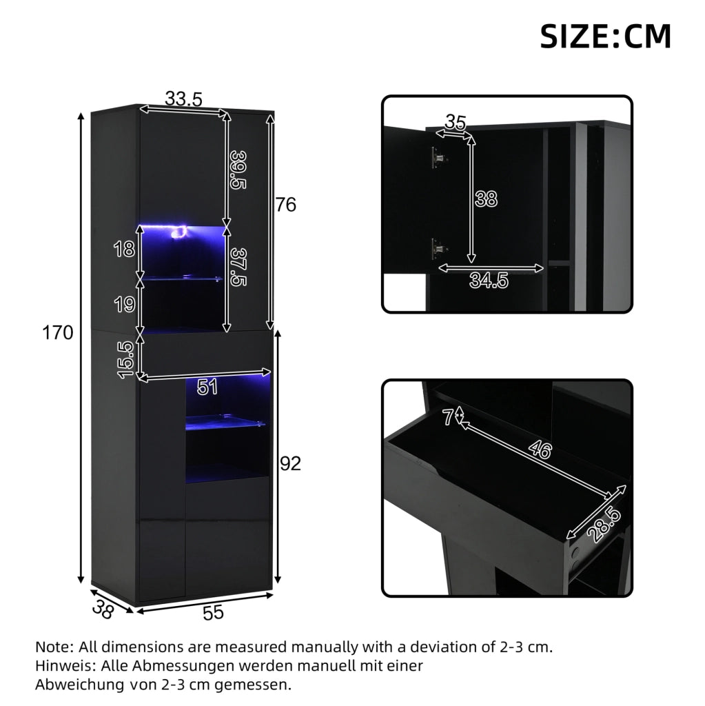 Vetrina alta 55x38x170 cm con LED; 1 cassetto e 4 vani chiusi; nera HOMVRA
