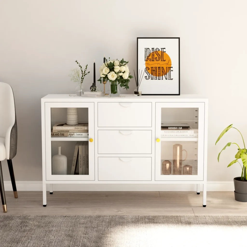Credenza-Buffet-Armadio da cucina Bianca 105x35x70 cm in Acciaio e Vetro Temperato