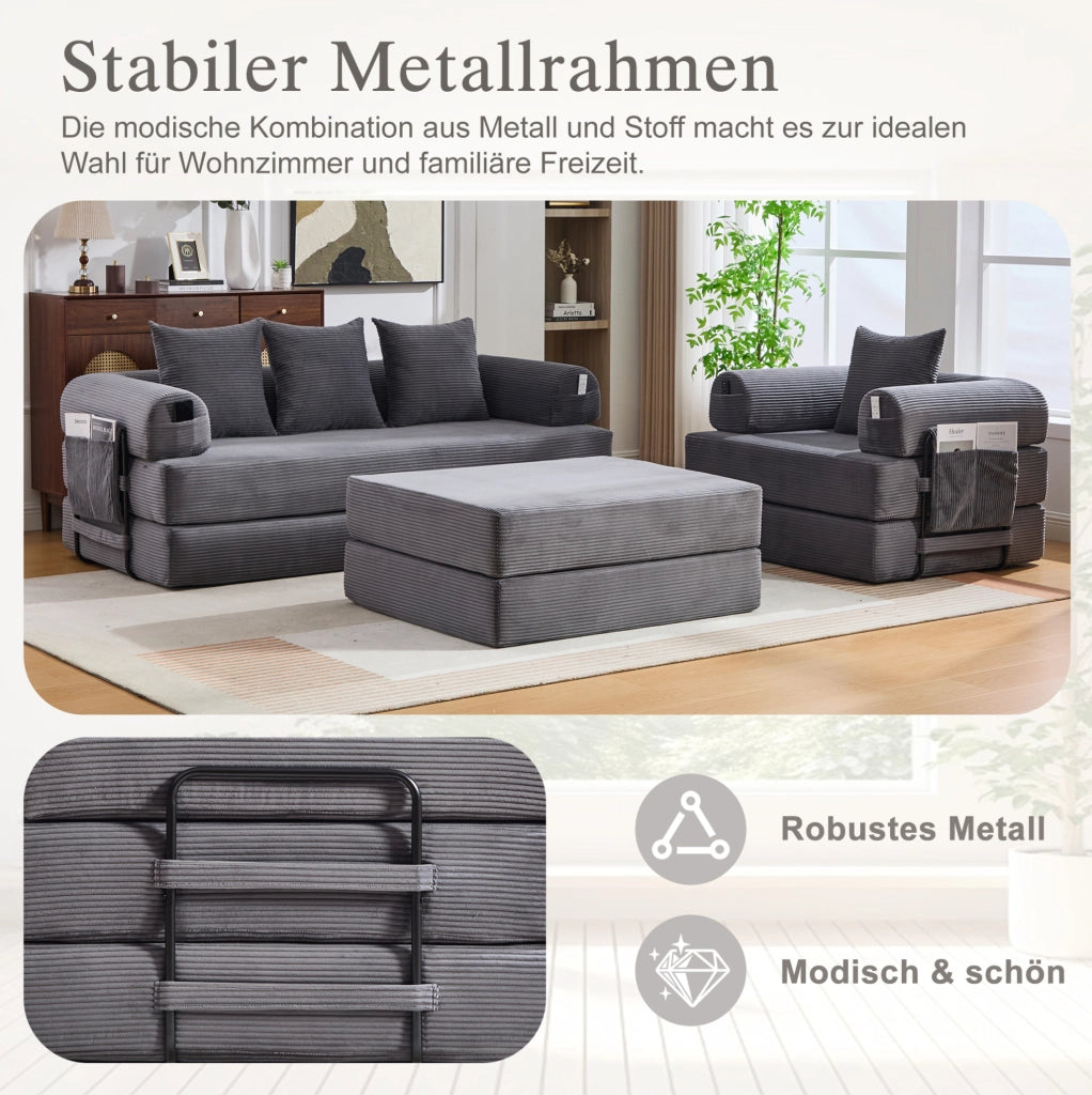 Divano modulare in velluto a coste con poltrona e pouf grigio scuro
