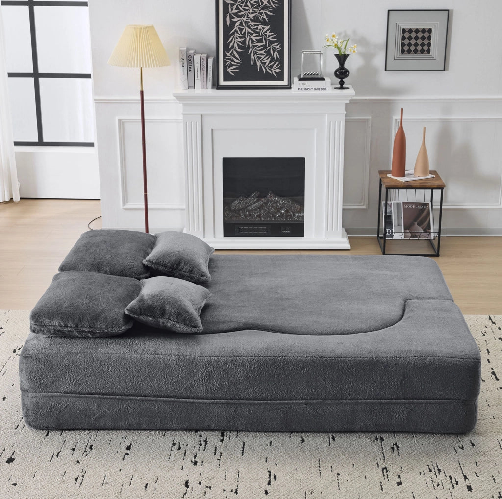 Divano letto moderno blu-grigio in flanella con schiuma ad alta densità e 4 cuscini, senza montaggio, per soggiorno e camera degli ospiti