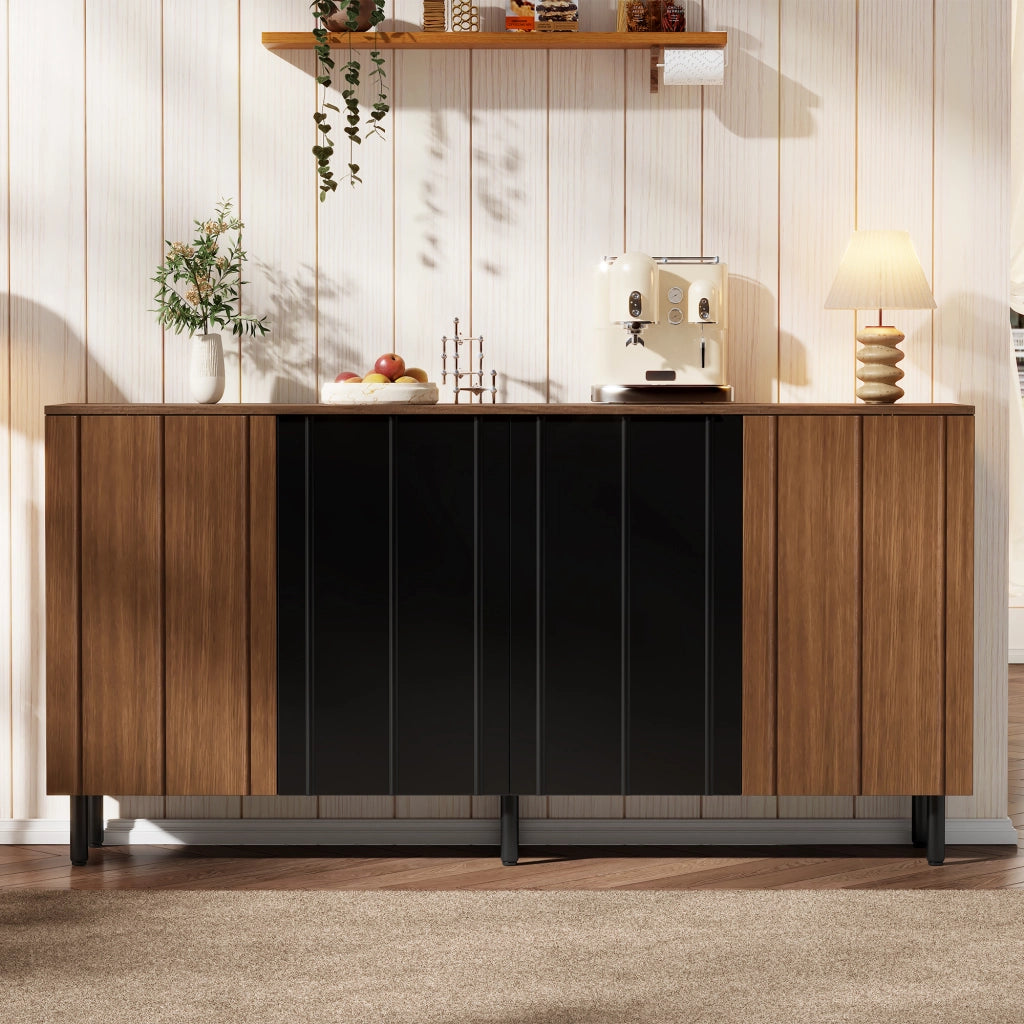 Credenza con 4 ante e ripiani regolabili in truciolato finitura noce e nero per cucina 160 × 35 × 80 cm