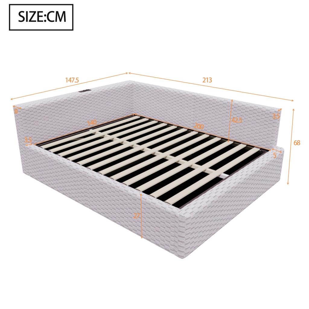 Letto Imbottito 140x200 cm in Velluto Grigio con Contenitore Idraulico; Luci LED e Prese USB