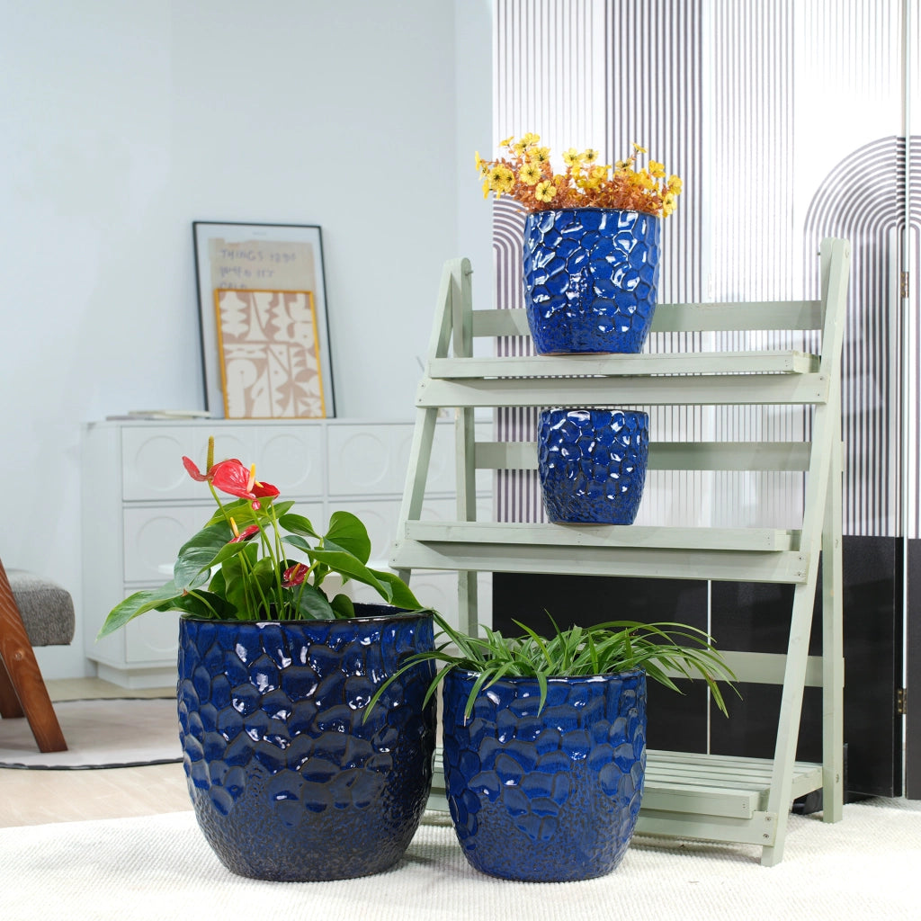 Vaso per piante in gres Ø 30 cm blu navy con foro di drenaggio; smaltato lucido e resistente al gelo