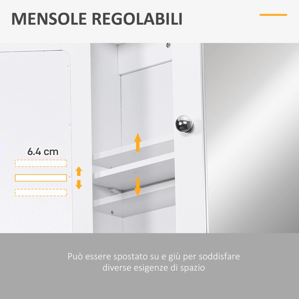 Specchio Bagno Contenitore con Ante e Ripiani Regolabili, Specchiera Bagno in Vetro, Mobiletto Armadietto a Muro con Specchio, 56x13x58cm, Bianco