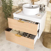 Mobile bagno 60 cm sospeso con lavabo rotondo in ceramica; 2 cassetti; MDF; effetto legno naturale