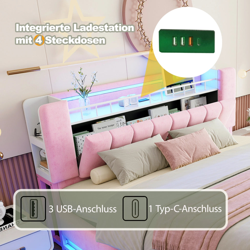 Letto imbottito 140 × 200 cm con vano idraulico LED e USB rivestito in velluto rosa struttura in metallo
