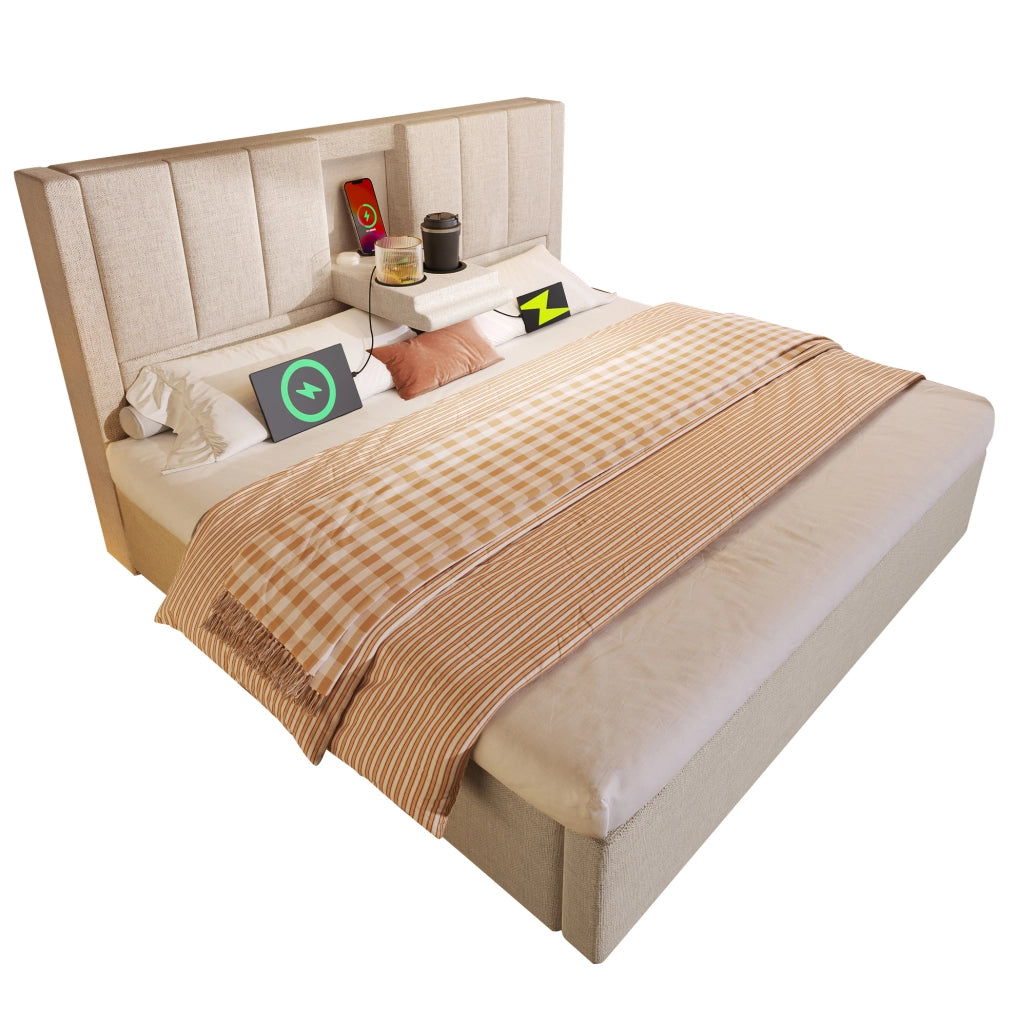 Letto matrimoniale 180x200 cm in lino beige con contenitore; testiera con portabicchieri e stazione di ricarica