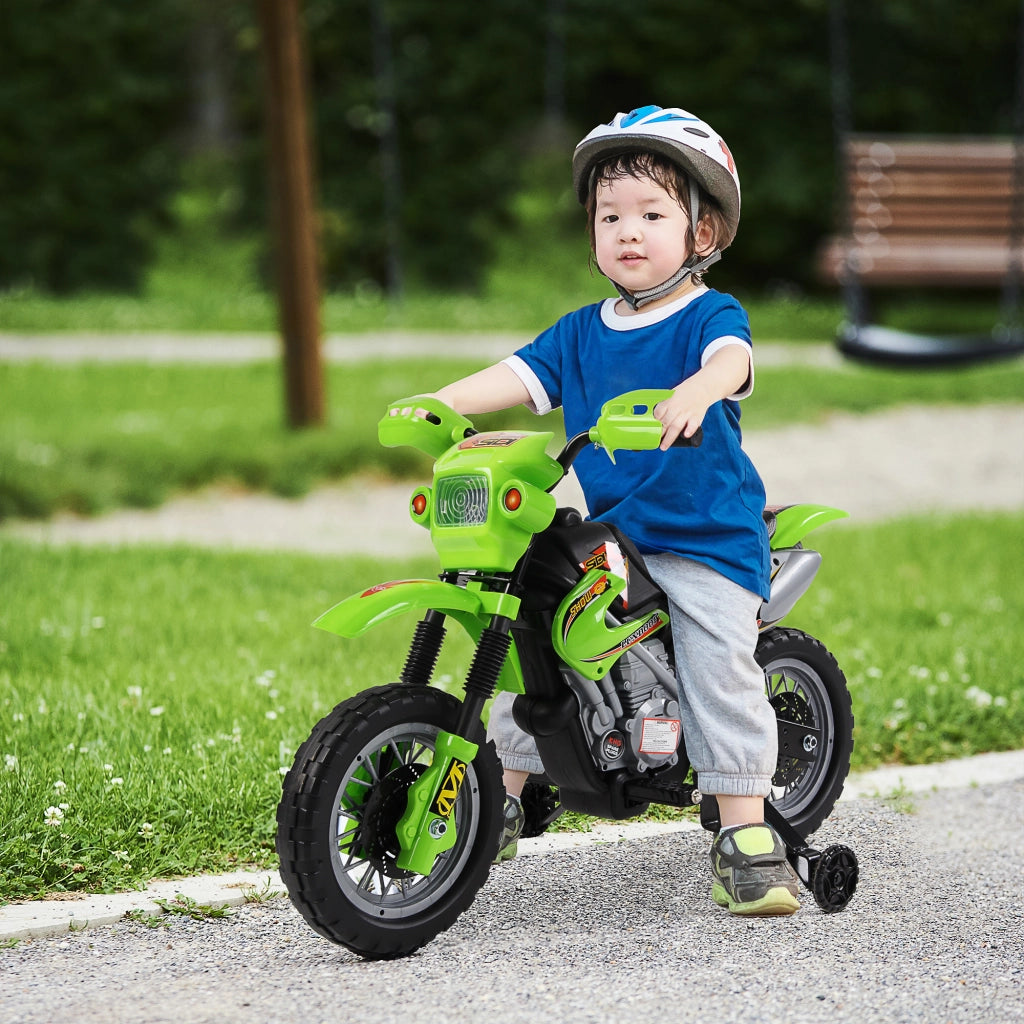 Moto Elettrica per Bambini 3 anni e Pi¨´, Moto Cross Elettrica con Rotelle, Batteria 6V Velocit¨¤ 2.5km/h, 102 x 53 x 66cm, Verde