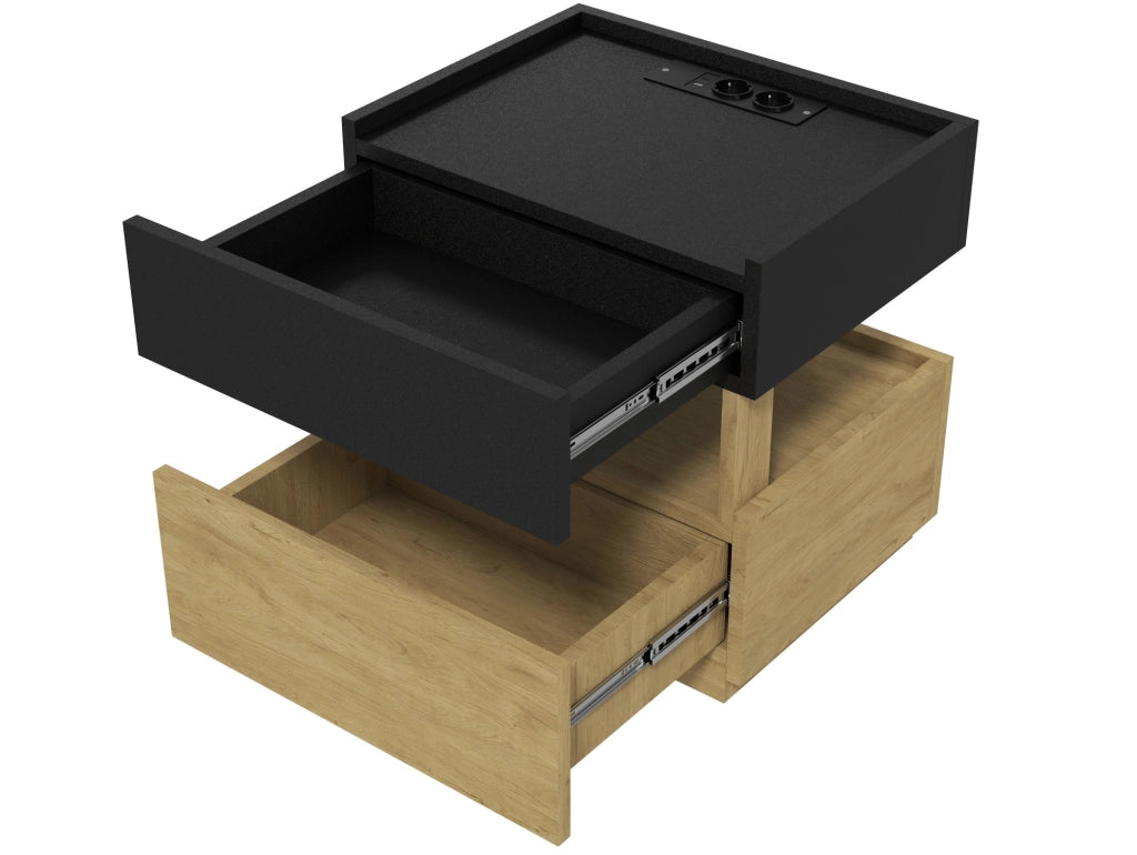 Comodino intelligente con ricarica wireless, luci LED ambientali, porte USB e due cassetti - nero e legno naturale, 50x40x50 cm