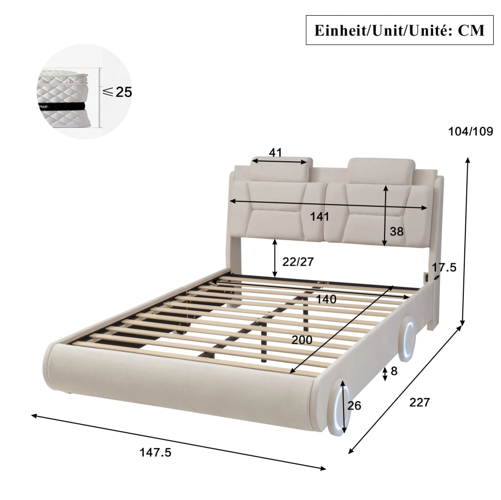 Letto Imbottito per Bambini a Forma di Auto 140 x 200 cm Beige in Flanella - Senza Materasso