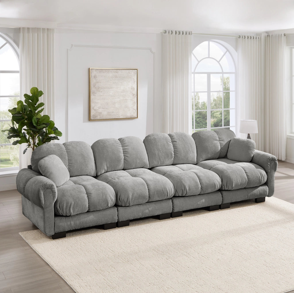 Divano modulare 330x86x90 cm in ciniglia grigio chiaro, cuscini spessi