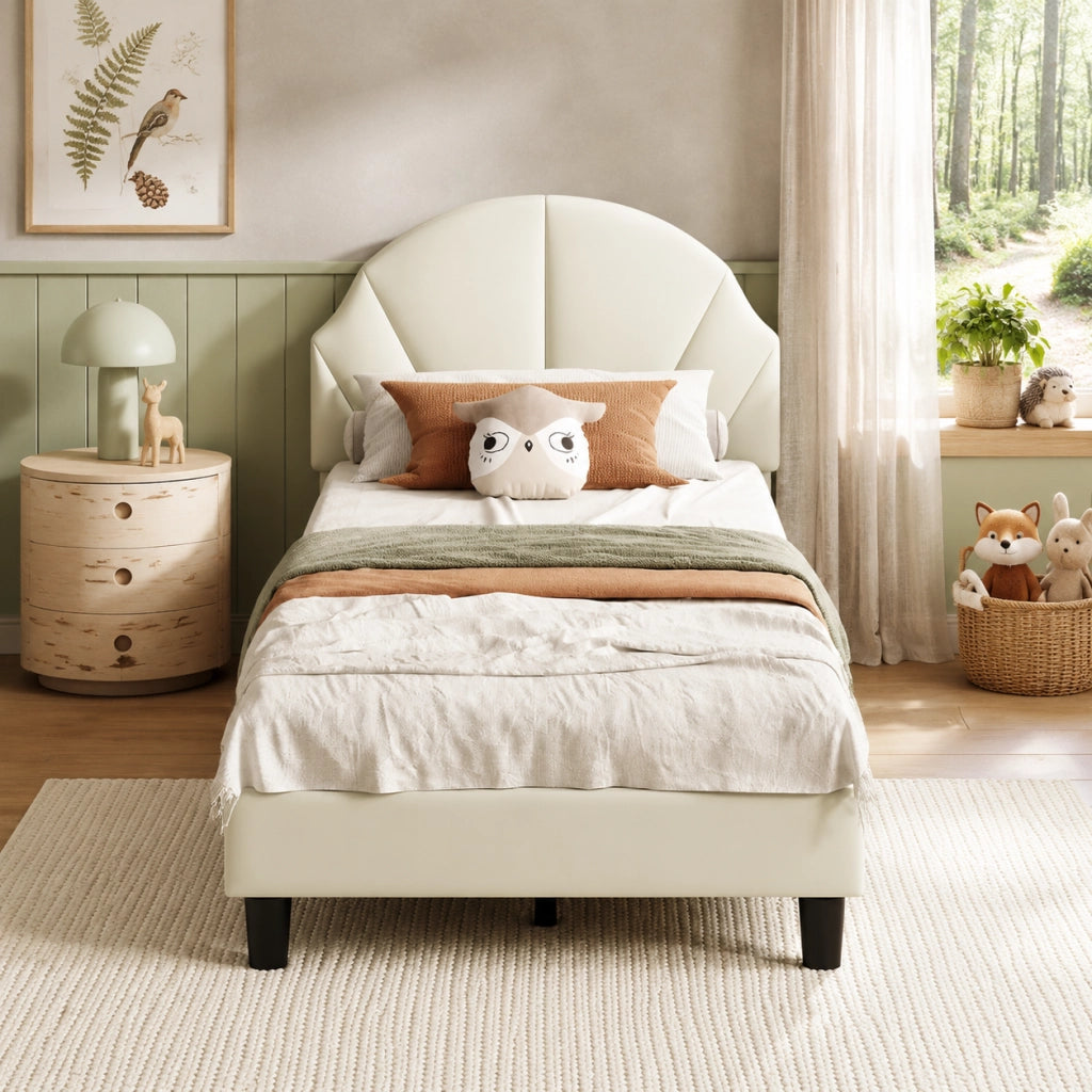 Letto per bambini 90x190 cm; letto singolo imbottito con testiera regolabile e rete a doghe per bambini;adolescenti; velluto; beige; senza materasso
