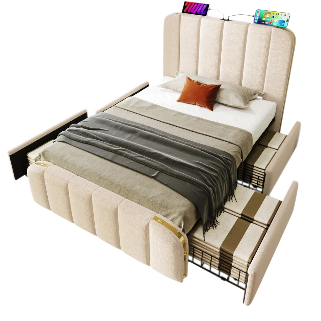 OKWISH Letto con Cassetti 90×200 cm, Letto Singolo con USB, Tipo C e 4 Cassetti, senza Materasso, in Lino, Beige