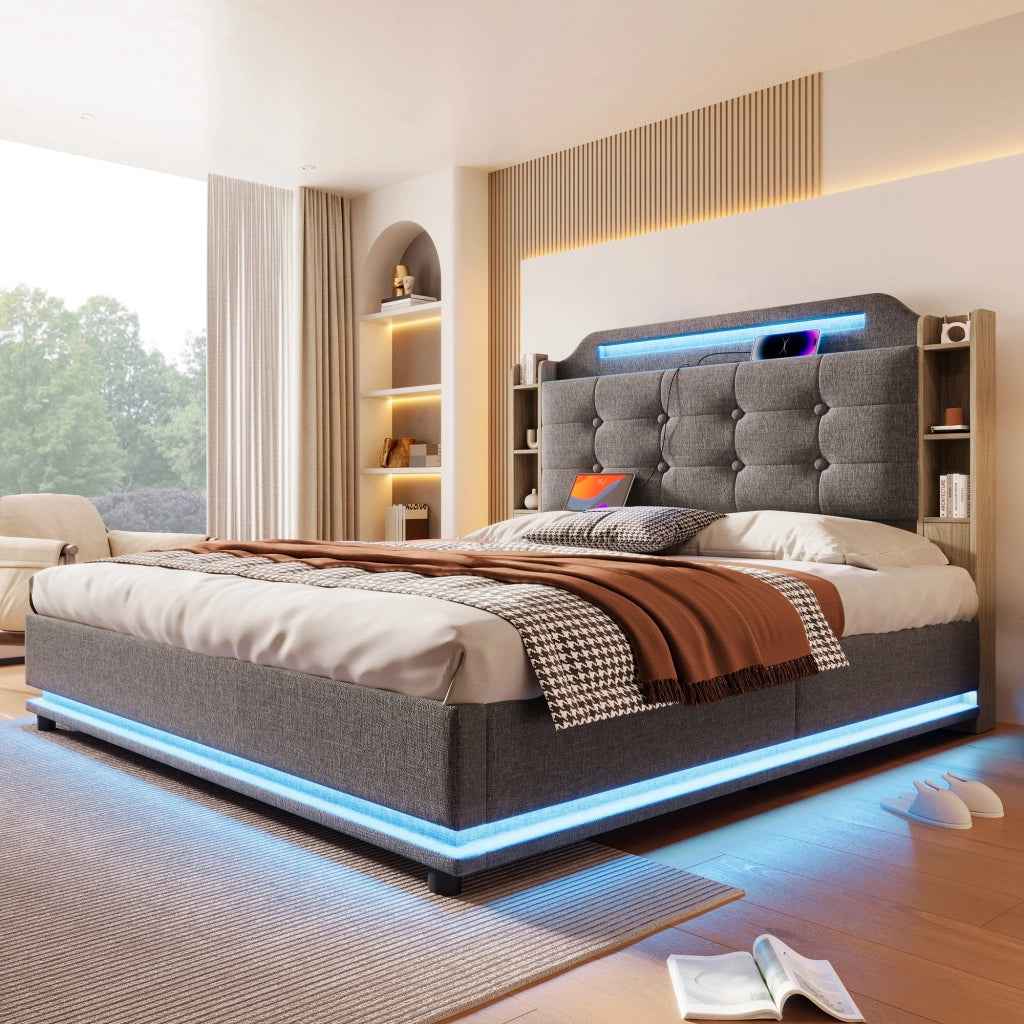 Letto contenitore 140 × 200 cm con LED USB e Type-C rivestito in lino grigio con vani laterali