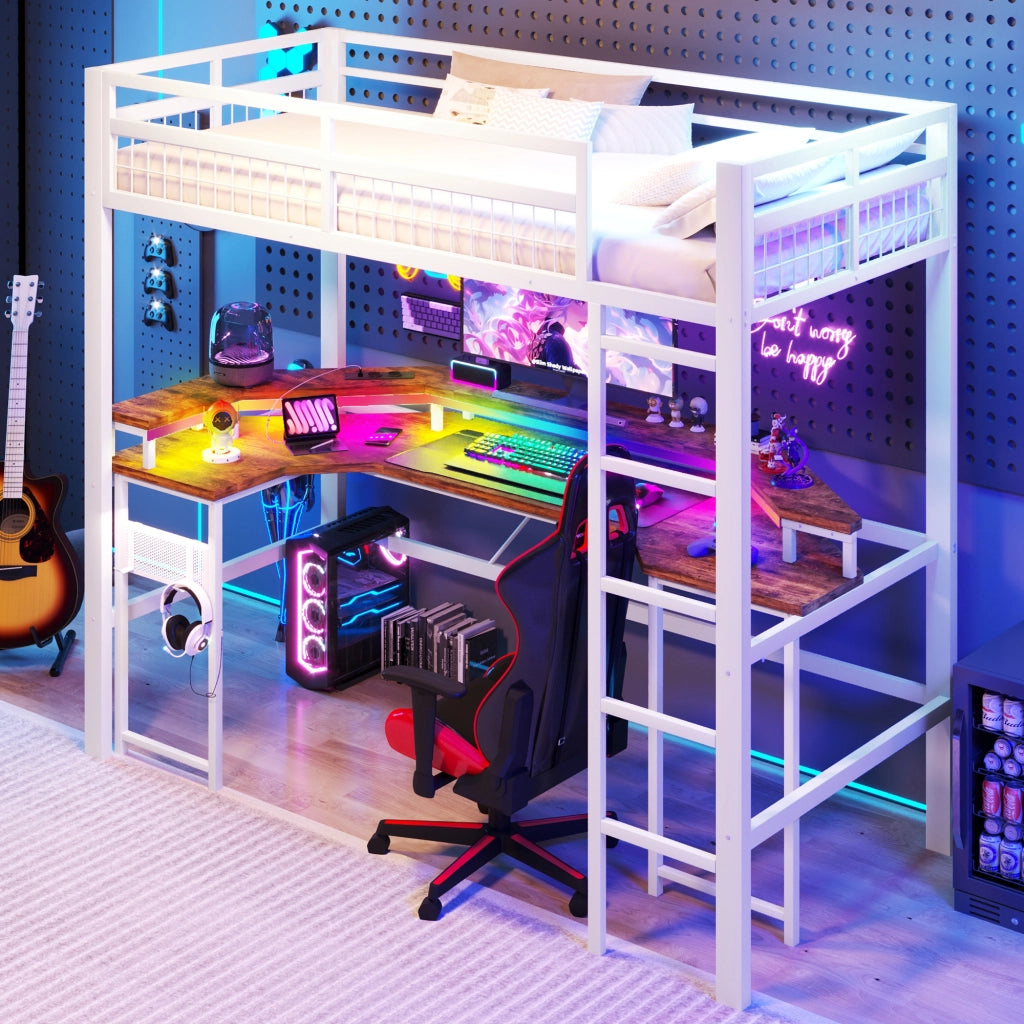 Hochbett 90x200 cm in metallo e MDF, con scrivania, LED RGB, porte USB e prese, bianco