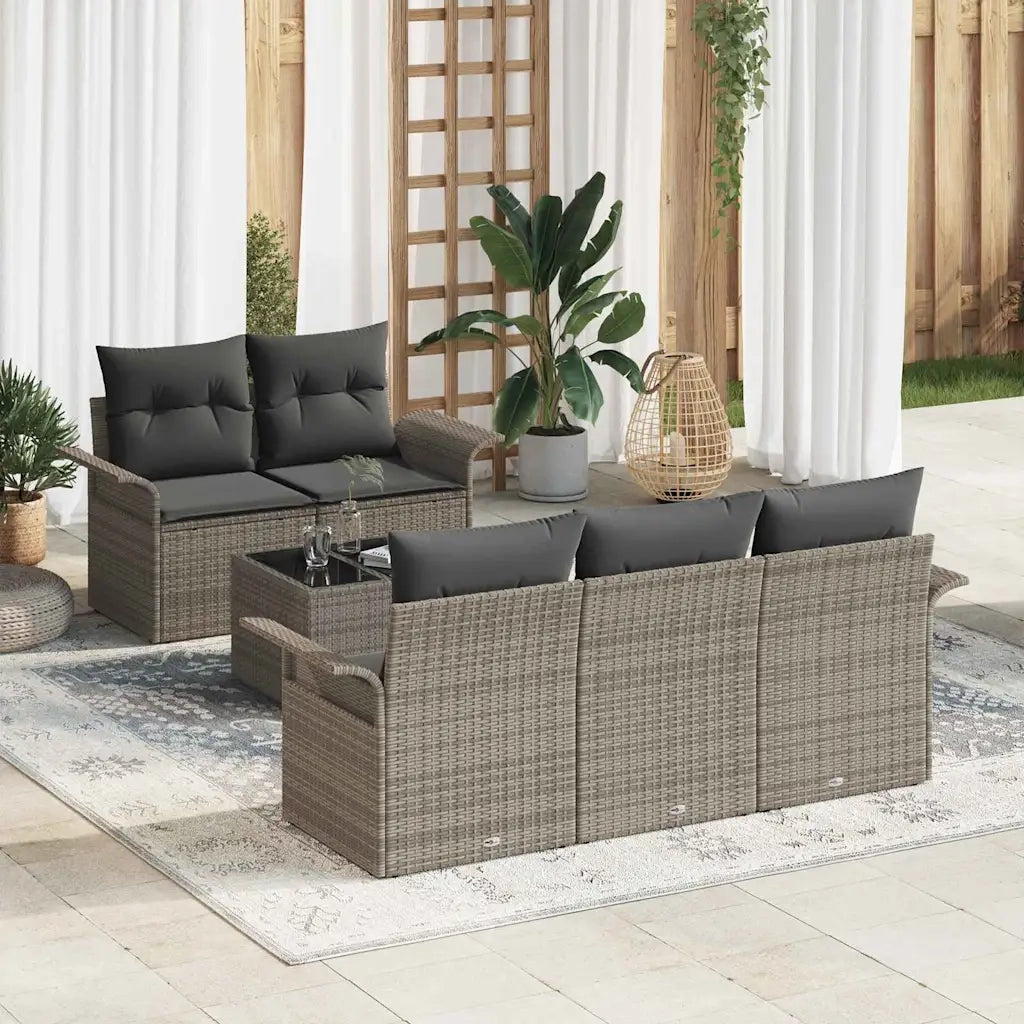 Set Divano da Giardino 6 pcs Grigio Polyrattan, Acciaio e Vetro