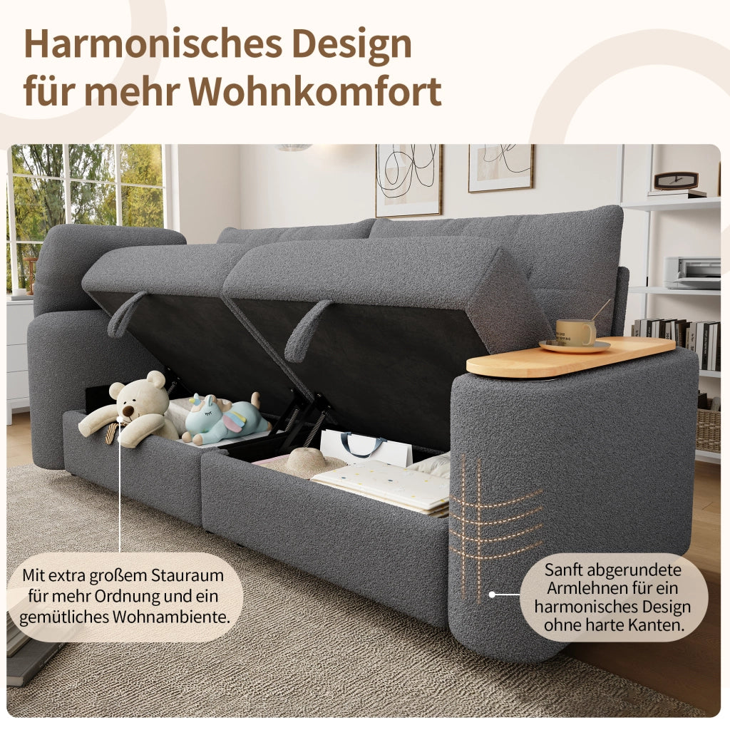 Divano modulare 2-3 posti con contenitore; poggiatesta e tavolino laterale; 207;5 cm; grigio