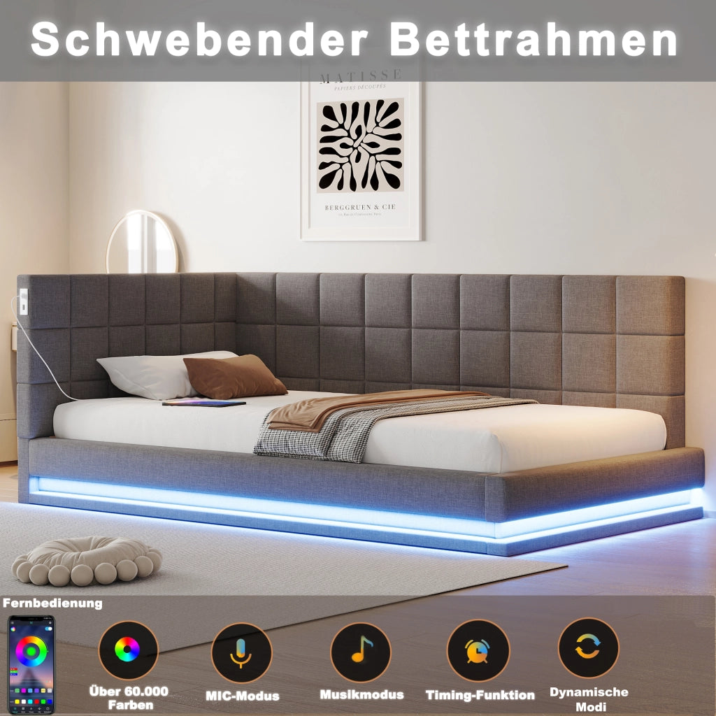 Divano letto 90 x 200 cm con LED multicolore via smartphone e USB, letto multifunzione in lino grigio con rete a doghe