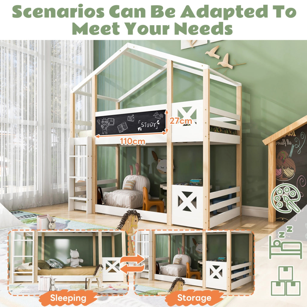 Letto a castello per bambini Yeavio 90x200 cm in legno di pino naturale e MDF con scala e rete a doghe