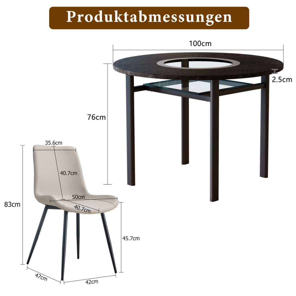 Set tavolo da pranzo rotondo Ø100 cm con 4 sedie in PU grigio caldo HOMVRA