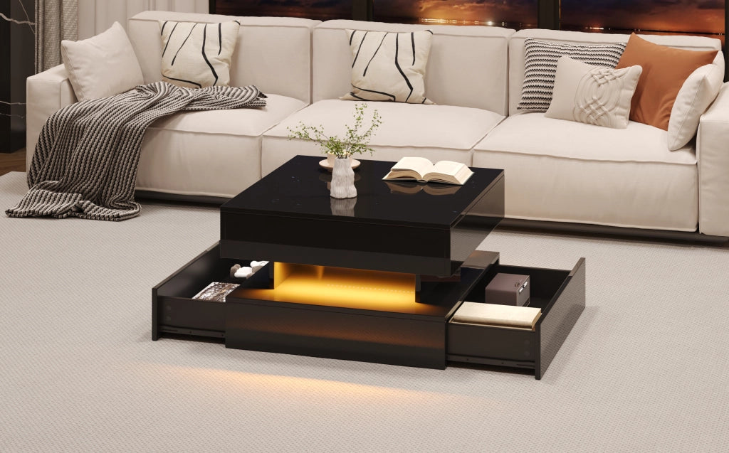 Tavolino Salotto Nero 65x65x38,5 cm con Piano Sollevabile, 2 Cassetti, LED Controllabile via App, Design Quadrato in Truciolato Lucido