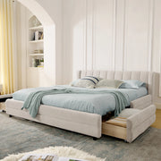 Letto 140x200 cm con 4 cassetti laterali, USB e USB-C in ciniglia beige