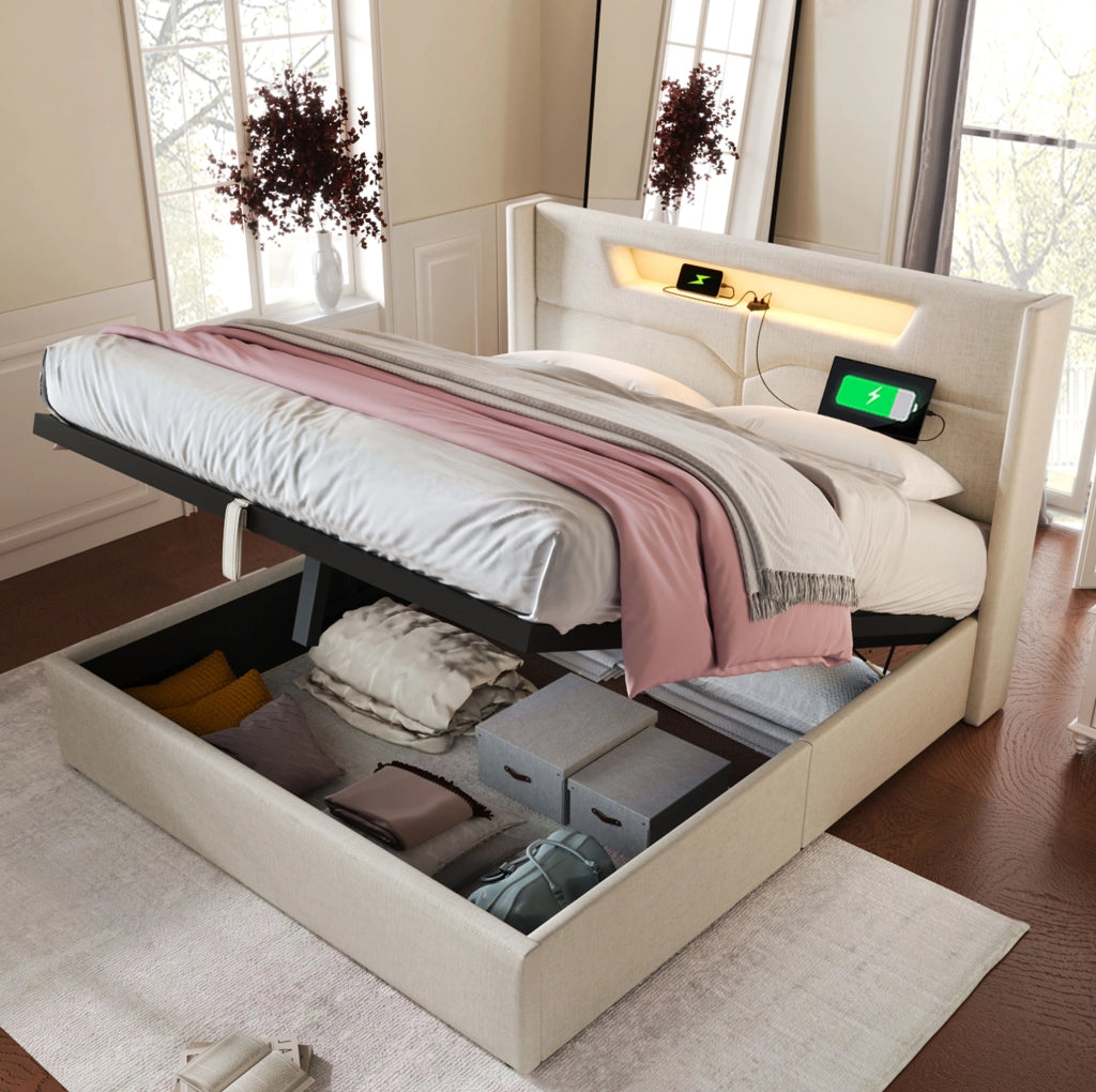 Letto matrimoniale imbottito 140x200 cm con LED; USB e Type-C; beige