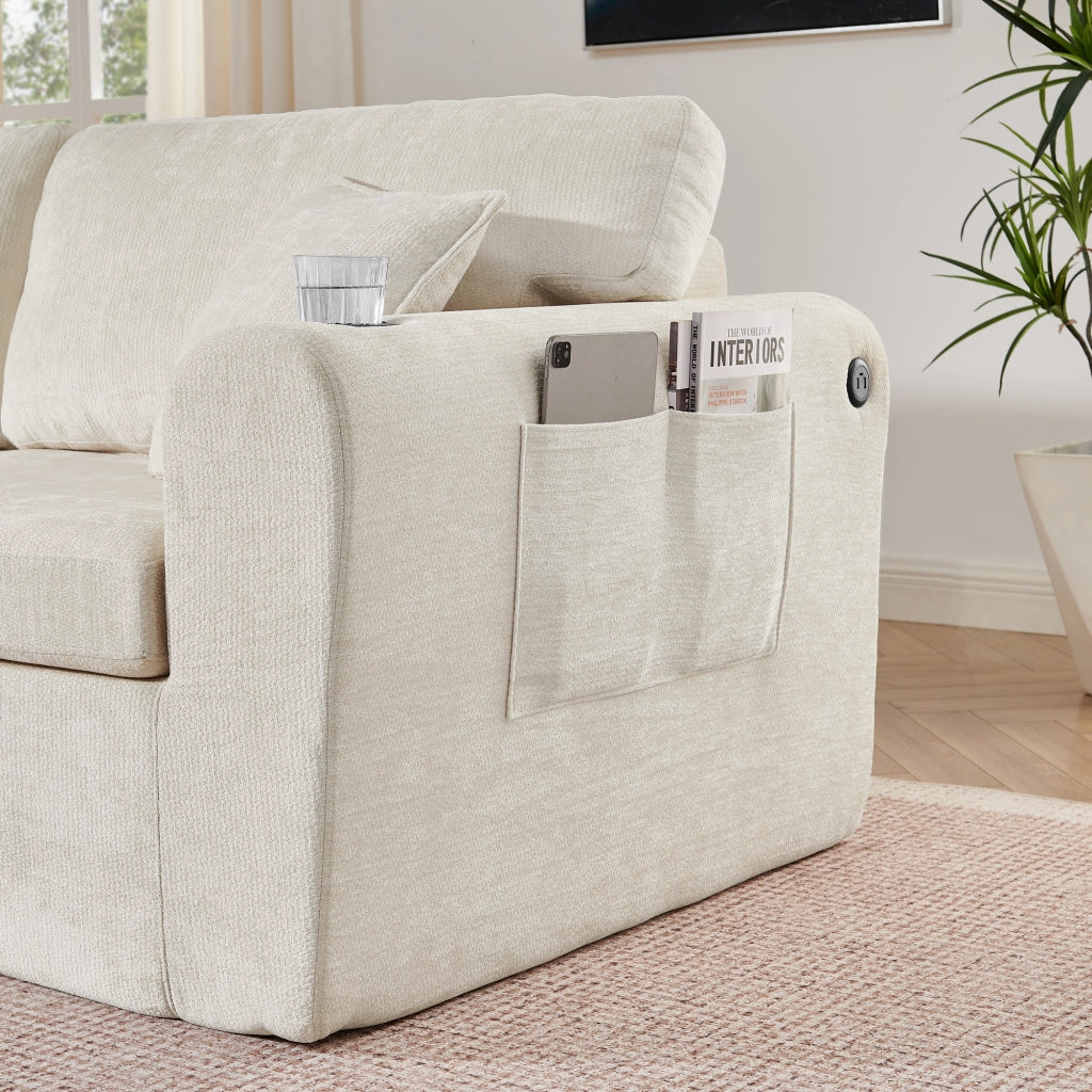 Divano relax 2 posti in chenille beige con USB, tasche e portabevande