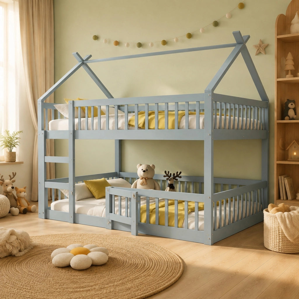 Letto a castello per bambini 140 × 200 cm con scala in legno grigio porta apribile e sponde alte