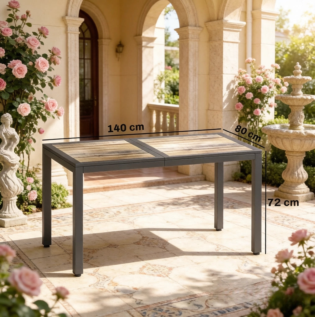 Tavolo da Esterno in Acciaio Zincato con Piano in PSPC Effetto Legno 140x80 cm, Grigio Scuro