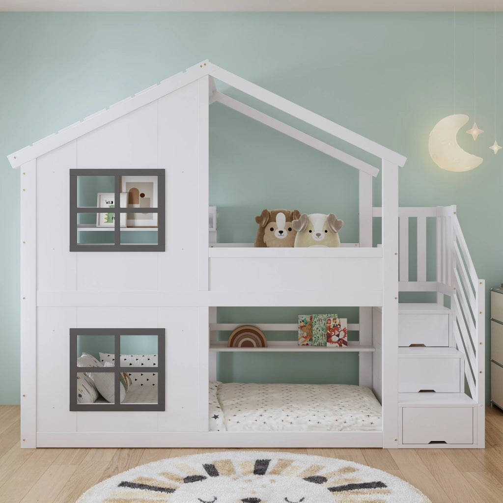 Letto a castello per bambini 90×200 cm con scala contenitore, finestre e tetto, senza materasso, bianco e grigio