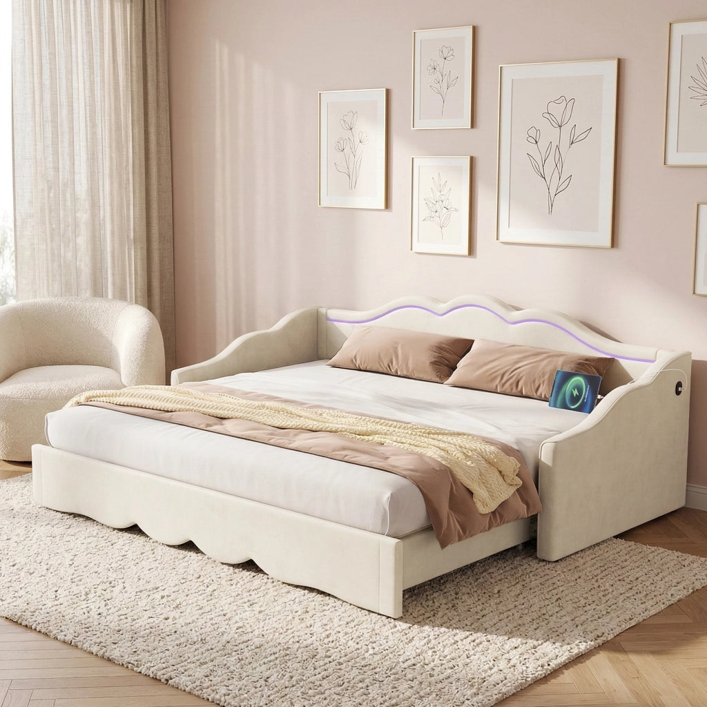 Letto estraibile imbottito 90 × 200 cm estensibile a 180 × 200 cm in velluto beige con LED USB e Type-C