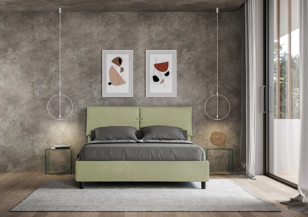 BS COM Letto matrimoniale contenitore imbottito 160x200 microfibra tè verde
