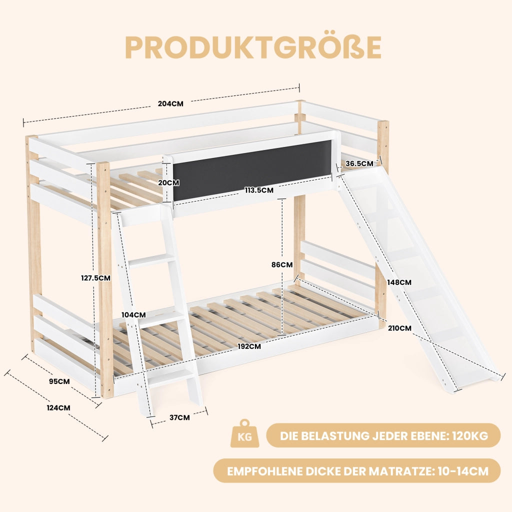 Letto a castello per bambini con scivolo e scala; 90x200 cm; bianco
