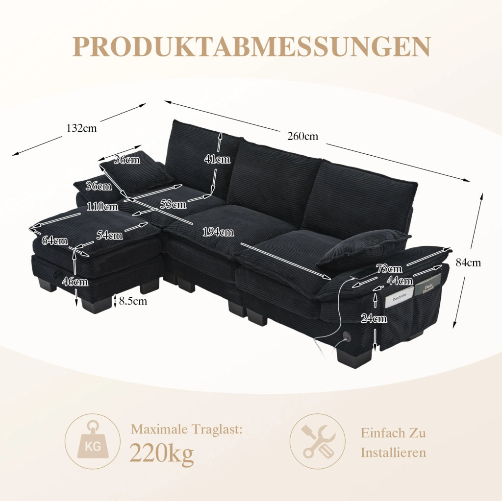 Divano modulare 3 posti 260x132x84 cm in velluto a coste nero con pouf