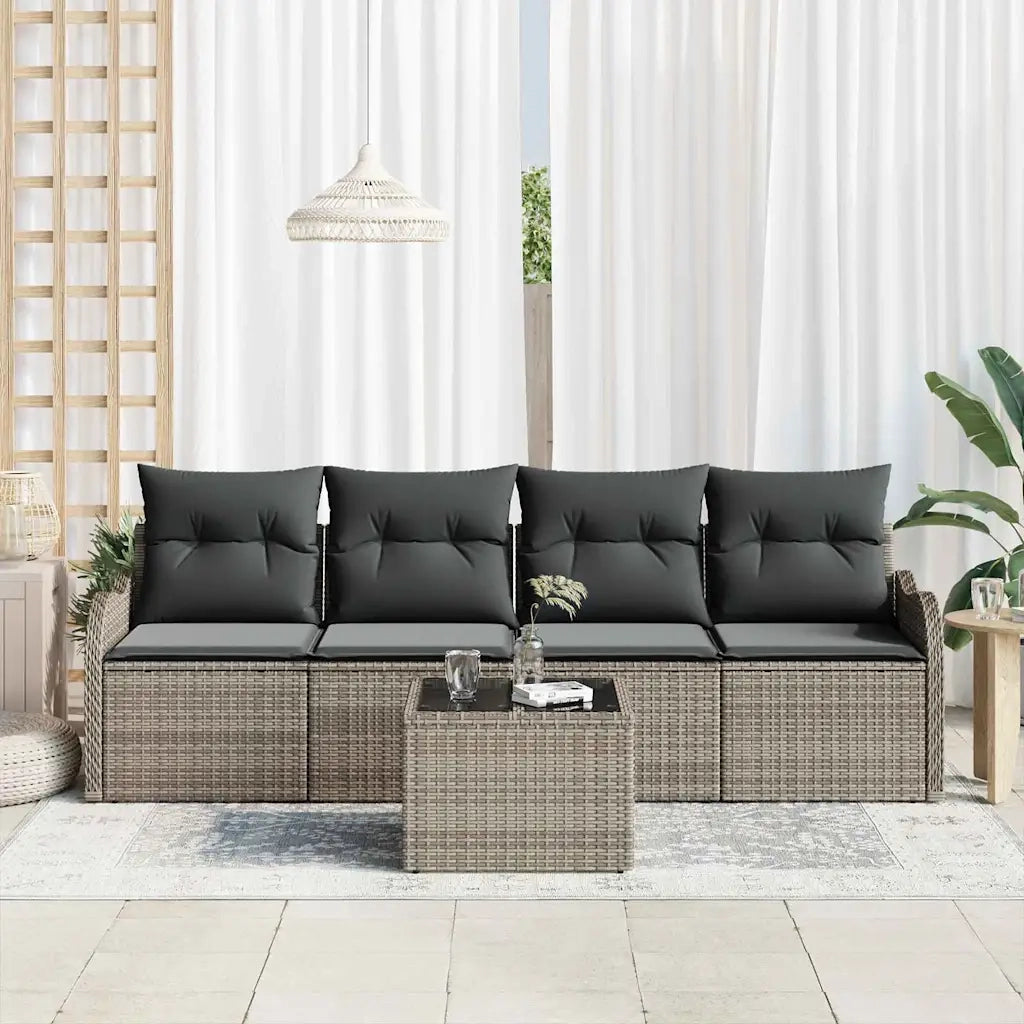 Set Divano da Giardino 5 pcs Grigio Polyrattan, Acciaio e Vetro