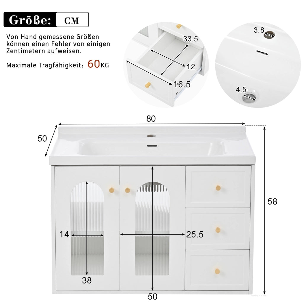 Mobile bagno sospeso bianco con lavabo in ceramica e 2 cassetti