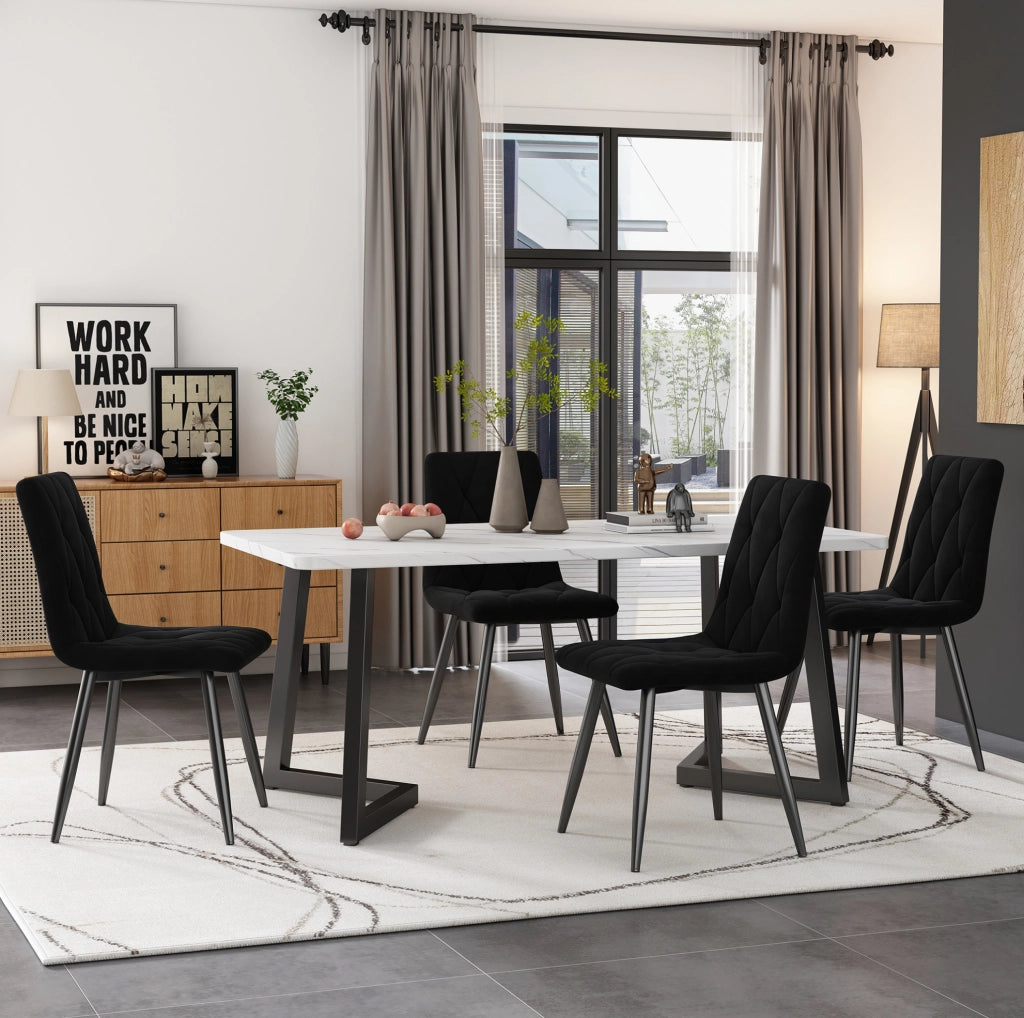 Set tavolo da pranzo rettangolare 117x68 cm con 4 sedie in velluto nero