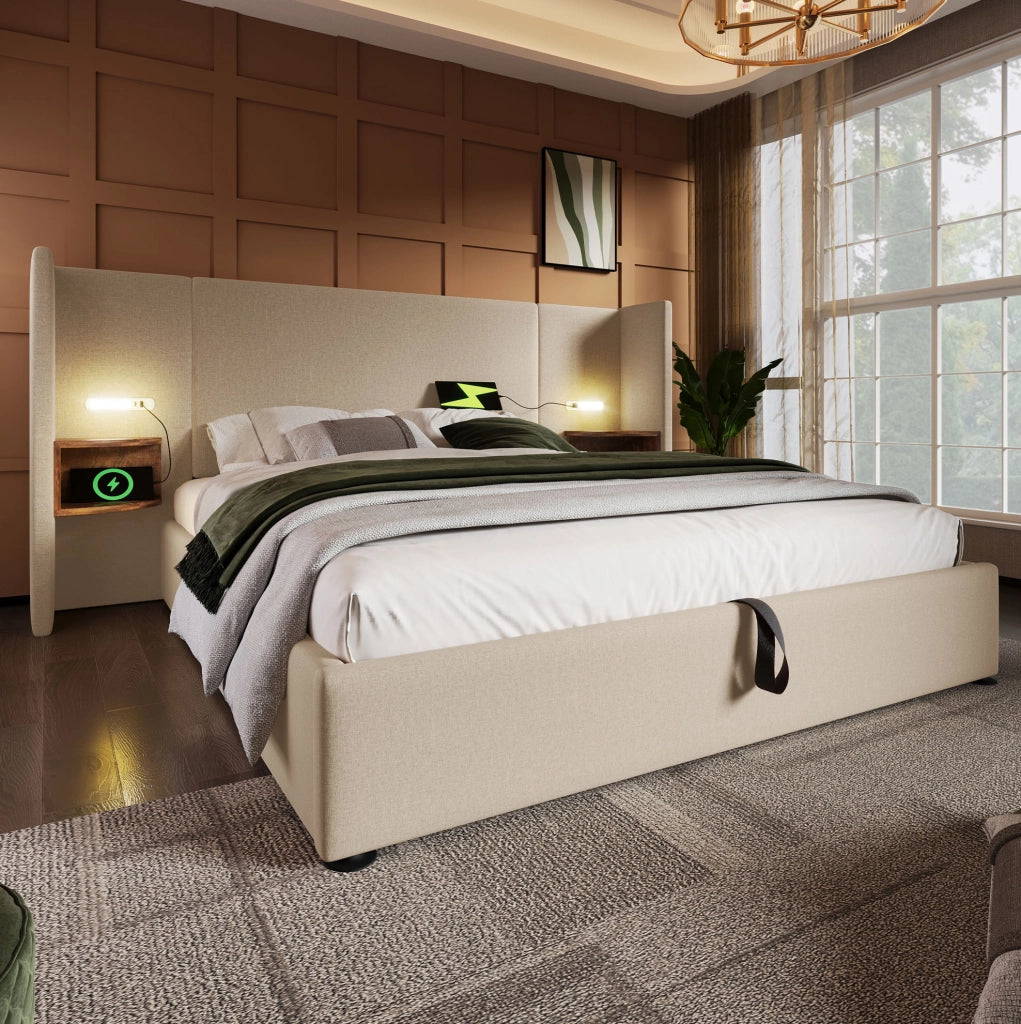 Letto matrimoniale 160x200 cm in lino beige con contenitore, LED e materasso