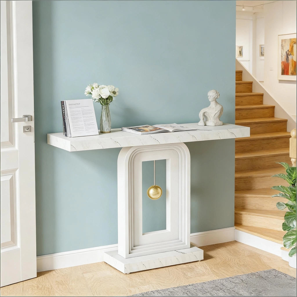 Consolle stretta con piano effetto marmo bianco e base geometrica quadrata in MDF per ingresso e soggiorno